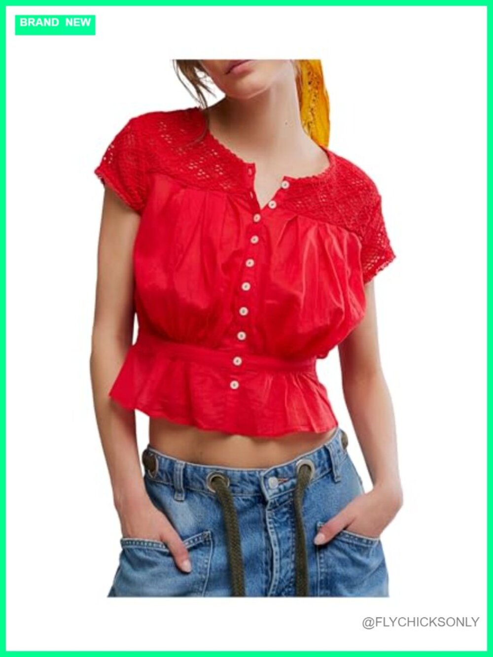 Free People Glimmer Embroidered Top Cropped Peplum 100% Cotton Button Front